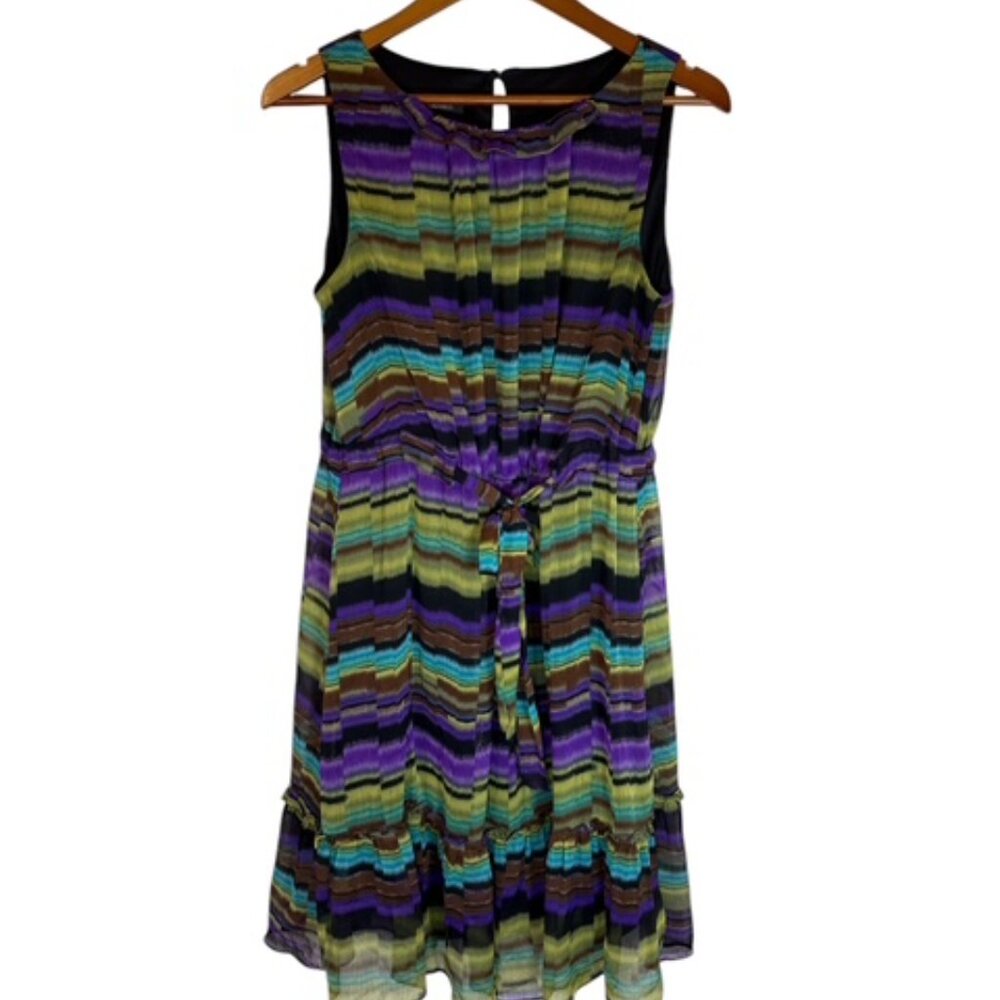 AGB Purple Geometric Print Sleeveless Ruffle Flowy Dress  Knee Length SZ 10 - Picture 3 of 13